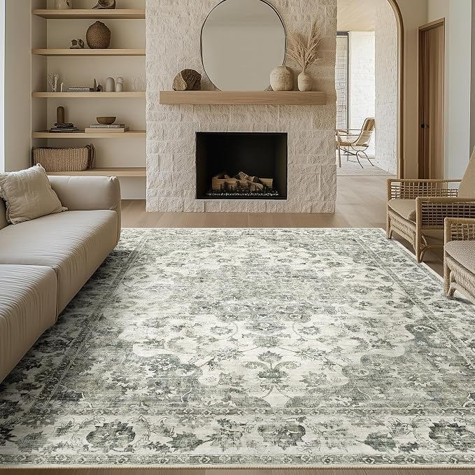 10x14 Neutral Area Rug Green Vintage Living Room Bedroom Washable Carpet Non-Slip Soft Low Pile Farmhouse Indoor Large Throw Rug for Dining Room Office