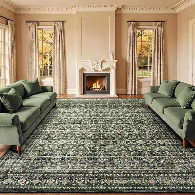 Lofus 10X 12 Area Rug for Living Room,Green Washable Area Rugs with Non-Slip Backing,Soft Boho Carpets for Bedroom Dining Room Home Office Indoor Nursery