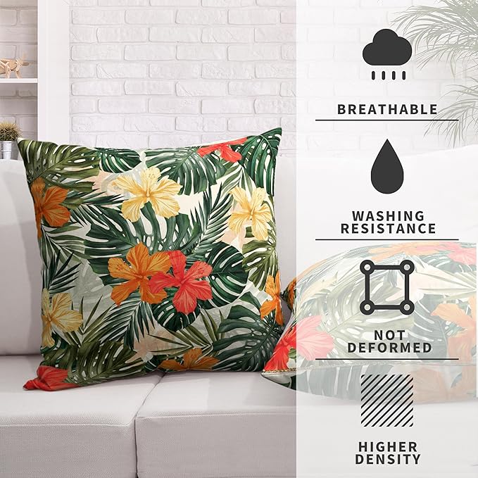 Summer Tropical Pillow Covers 16x16 Hawaiian Hibiscus Flower Throw Pillow Covers Monstera Palm Leaves Decorative Pillow Case Set of 2 for Home Decor Living Room Patio