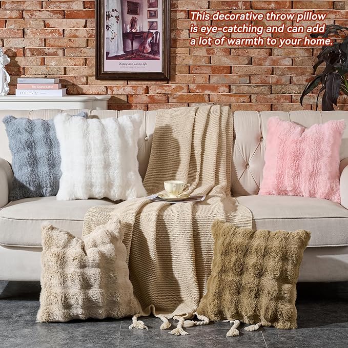 AmHoo Pack of 2 Throw Pillow Covers 3D Dense Faux Rabbit Fur Cozy Super Soft Fuzzy Set Case Cushion for Couch Sofa Bedroom 20 x 20-Inch Pink