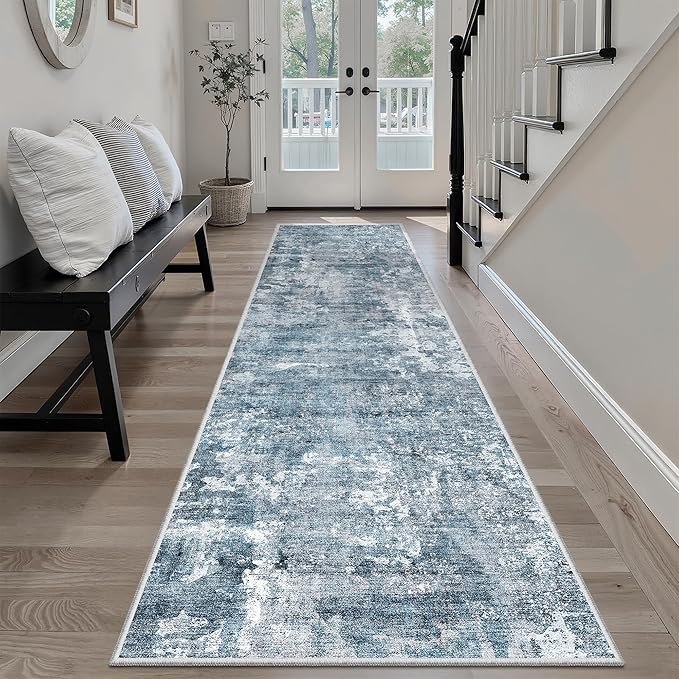 Soalmost Runner Rug 2x8 Washable Non-Slip Hallway Runner Rugs for Kitchen Bathroom Laundry Room Blue/Grey Vintage Floor Carpet Runners for Hallways Entryway