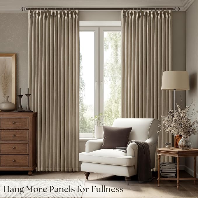 Brown Pinch Pleated Linen Curtains 80 Inches Long for Living Room Semi Sheer Light Filtering Custom Made Pinch Pleat Drape with Hooks Rings Back Tab Neutral Boho Dutch Cocoa 80 Inch Bedroom Curtain