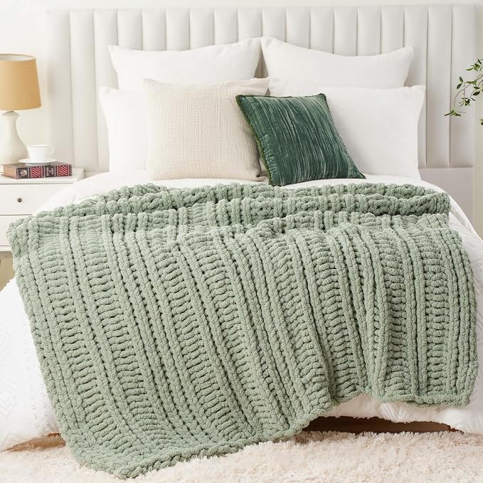 Battilo Chunky Knit Throw Blanket for Couch, 50"x60", Sage Green | Hand Knit, Gift Blanket, Cozy Warm Thick Soft Chenille Throw Blanket for Bed, Sofa, Chair, Living Room