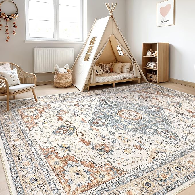 LOONGRUG 12x18 Rug Living Room: Washable Boho Large Neutral Vintage Soft Area Rug Stain Resistant Distressed Non-Slip Indoor Floor Carpet for Bedroom Nursery Playroom Office Dining Room- Beige Blue
