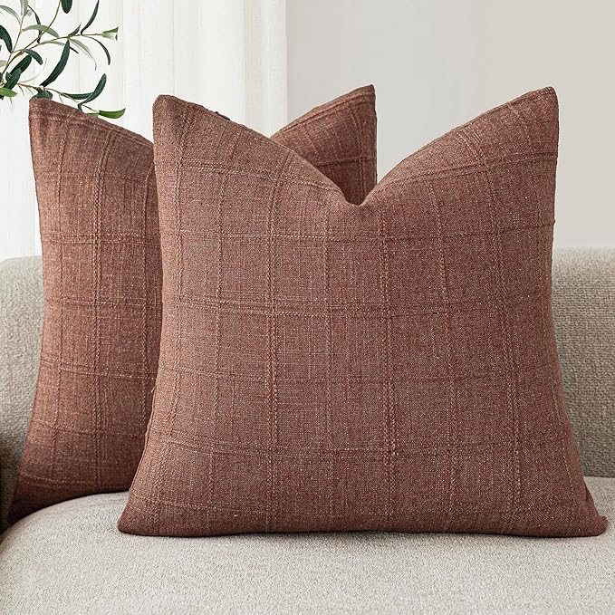 Foindtower Set of 2 Decorative Linen Check Throw Pillow Covers Neutral Farmhouse Vintage Cushion Covers Modern Boho Home Decor for Sofa Chair Couch Bedroom Living Room,16×16 Inch,Autumnal Red