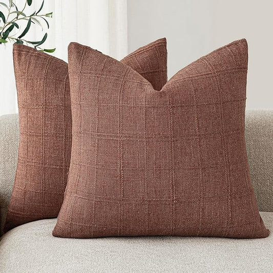 Foindtower Set of 2 Decorative Linen Check Throw Pillow Covers Neutral Farmhouse Vintage Cushion Covers Modern Boho Home Decor for Sofa Chair Couch Bedroom Living Room,22×22 Inch,Autumnal Red