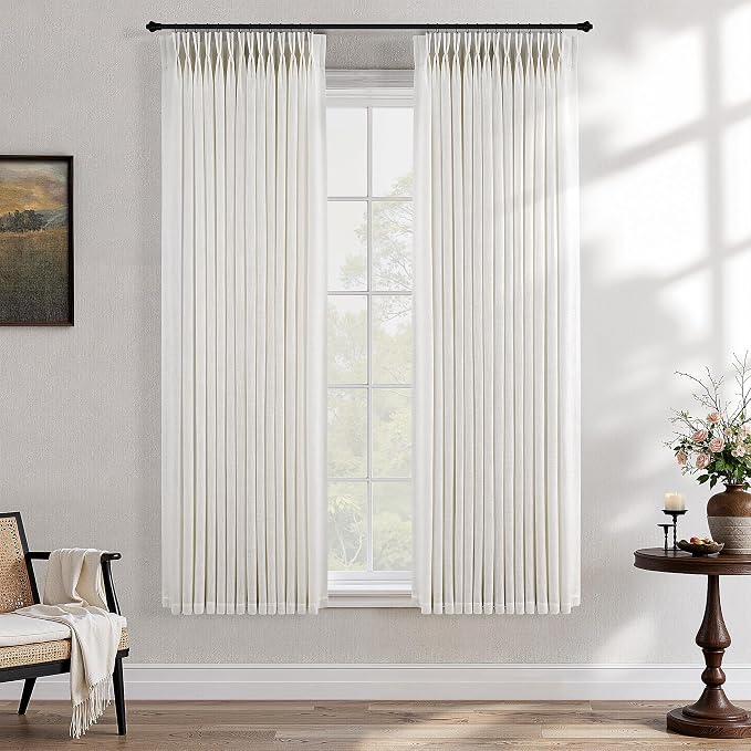 Natural Pinch Pleated Semi Sheer Curtains 63 Inch Length 2 Panels for Small Windows Privacy Light Filtering Linen Curtains Cream Beige Neutral Boho Memory Shape Trained Window Drapes with Hooks