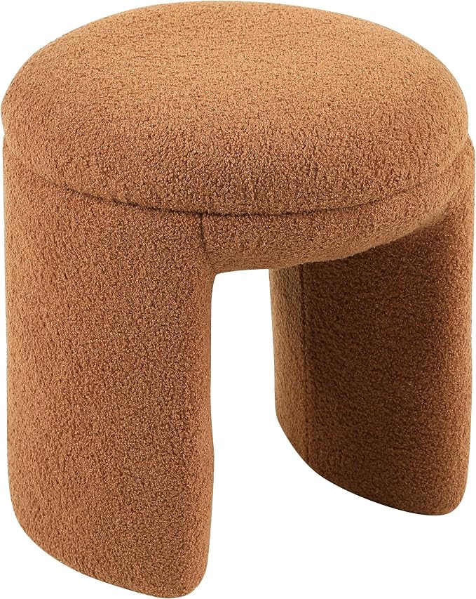 Furniture of America Rami Modern 18-inch Solid Wood Upholstered Ottoman with Pedestal Base, Vanity Stool Chair, Small Foot Stool for Bedroom, Living Room, Entryway, Saddle Brown