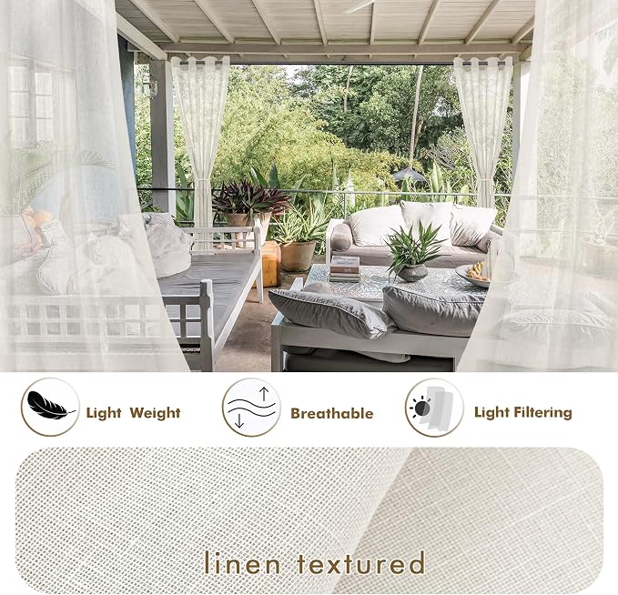 HolidayIdeas 4 Panels Outdoor Sheer Curtains for Patio Waterproof-Ivory Linen Semi Voile Indoor Sheer Curtains, Light Filtering Privacy Drapes for Living Room, Gazebo, Porch, Balcony, Pool 54"x84"