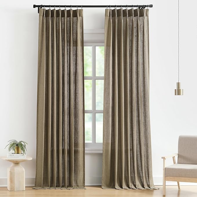 Vision Home Brown Pinch Pleated Light Filtering Curtains with Microfiber Liner 112 inch Linen Blended Textured Privacy Drapes for Living Room Bedroom Back Tabs with Hooks 2 Panels 40" Wx112 L