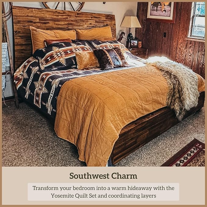 Paseo Road Yosemite Western Bedding 3 Piece Quilt Set with Pillow Shams, King Aztec Bedding Set, Tribal Southwestern Bedding, Geometric Pattern Cotton Reversible Bed Set