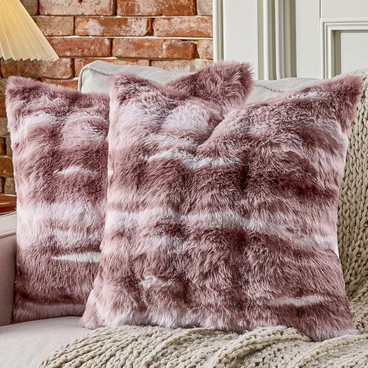 AmHoo Pack of 2 Throw Pillow Covers 3D Dense Faux Rabbit Fur Cozy Super Soft Fuzzy Set Case Cushion for Couch Sofa Bedroom 18 x 18-Inch Nostalgia Rose