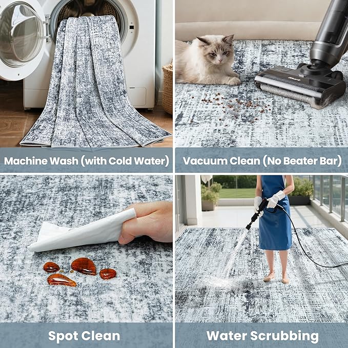 8x10 Area Rugs Washable Rug:Anti-Skid Abstract Modern Living Room Rug Soft Thin Carpets Indoor Floor Non-Shedding Carpet for Bedroom Dining Farmhouse Nursery Home Office(Black/Grey/White, 8x10)