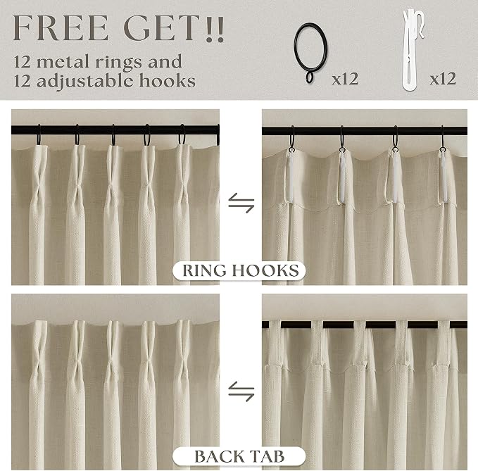 60 Inch Width Curtains 92 Inches Long Linen Pinch Pleated Curtains for Living Room Bedroom Semi Sheer Back Tab Hooks Rings Extra Wide Pinch Pleat Drapes for Patio Glass Door Beige Linen 1 Panel