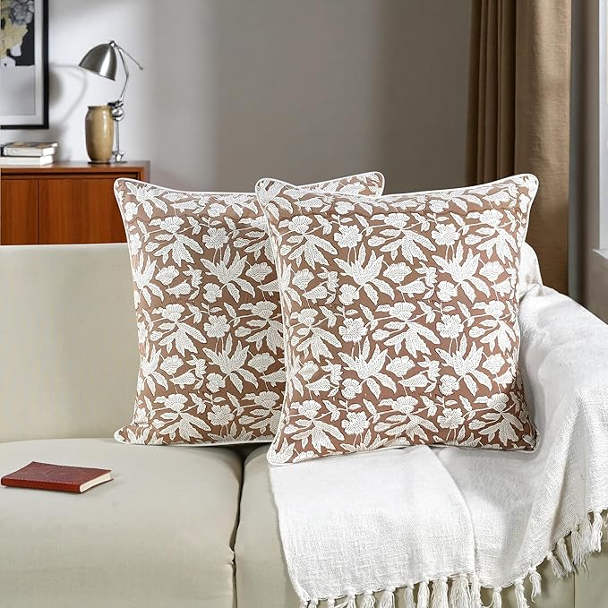 Ridhi Block Print Oak Brown Pillow Cover 24" x 24" (Pack of 2) Decorative Couch Pillows for Living Room, Chic Boho Cute Outdoor Pillows Covers Gifts for Spring, Easter and Valentine