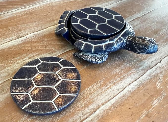 Sea Turtle Coaster Set - Coastal Ocean Beach Decor - Rustic Nautical Navy Blue and White Finish
