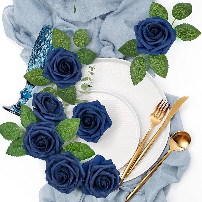Mocoosy 50Pcs Roses Artificial Flowers, Navy Blue Fake Roses for Decorations, Real Touch Foam Rose Bulk with Stems DIY Wedding Bouquet Bridal Shower Mother's Day Floral Arrangement Party Home Decor