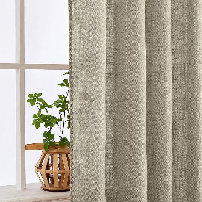 MIULEE Oatmeal Linen Curtains 84 Inch Length 2 Panels for Bedroom Living Room, Soft Thick Linen Textured Natural Window Drapes Semi Sheer Light Filtering Back Tab Rod Pocket Burlap Look Decor