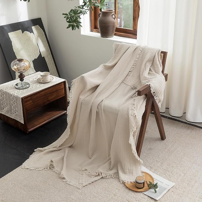 FOSSA Muslin Blanket 4-Layer 100% Cotton Gauze Blanket with Fringe 66"x90" | Super Soft Breathable Lightweight All Season & Decorative Blanket or Bed, Sofa, Office (Beige,Twin XL)
