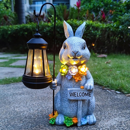 Rabbit Solar Lights Lantern Garden Statues with Succulent and 4 LED Lights - Outdoor Bunny Welcome Figurines Decorations for Patio Yard Lawn Ornaments Gifts for Birthday Easter Housewarming