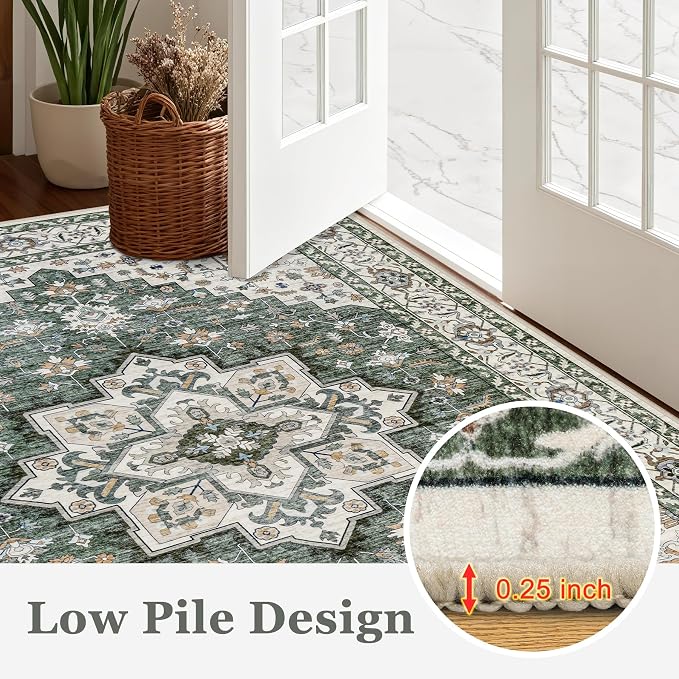 Round Area Rug for Living Room: 8 ft Washable Vintage Boho Soft Thin Circle Rug Indoor Floor No Slip Stain Resistant Carpet for Bedroom Dining Room Farmhouse Nursery Home Office - Green Ivory