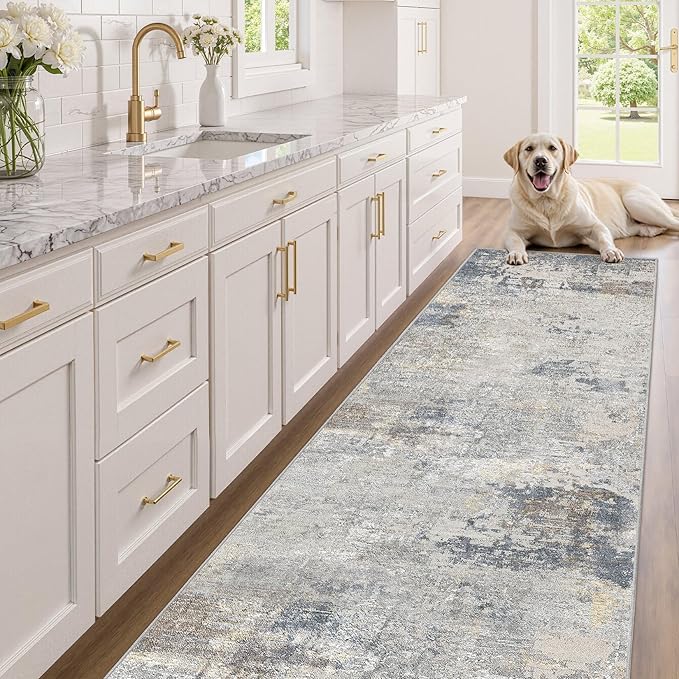 UERMEI 3X10 Washable Runner Rug for Hallway: Soft Neutral Modern Abstract Area Rug - Non-Slip Low Pile Long Throw Indoor Carpet for Kitchen Entryway Kitchen Bedroom Laundry - Blue Grey