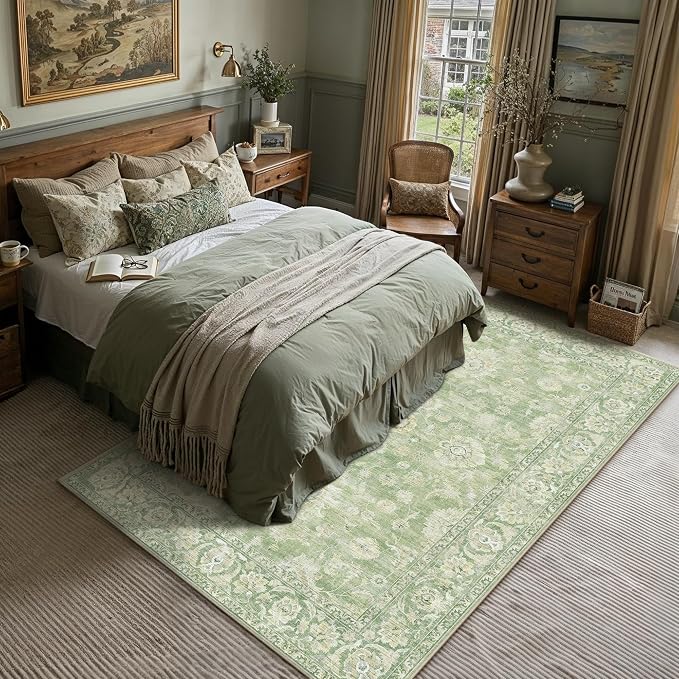 6x9 Green Washable Area Rug for Living Room Bedroom Neutral Floral Soft Non Slip Rug Low Pile Distressed Carpet for Dining Room Nursery Office Indoor