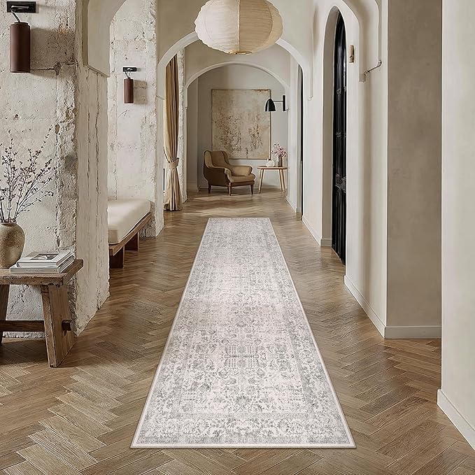 PureCozy Gray Runner Rug 2'6"x8' Washable Carpet for Hallway Kitchen Vintage Distressed Non Slip Indoor Grey Retro Floral Bedroom Accent Throw Long Rug Bathroom Office Laundry Dining Living Room