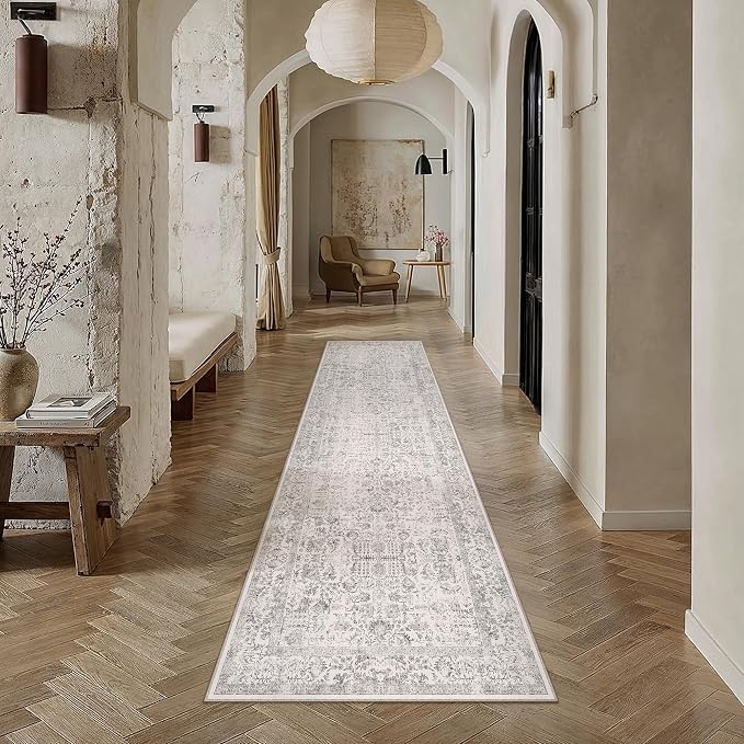 PureCozy Gray Runner Rug 3x7 Hallway Machine Washable Kitchen Vintage Distressed Non Slip Long Carpet Indoor Grey Retro Floral Bedroom Accent Throw Rug for Bathroom Office Laundry Dining Living Room