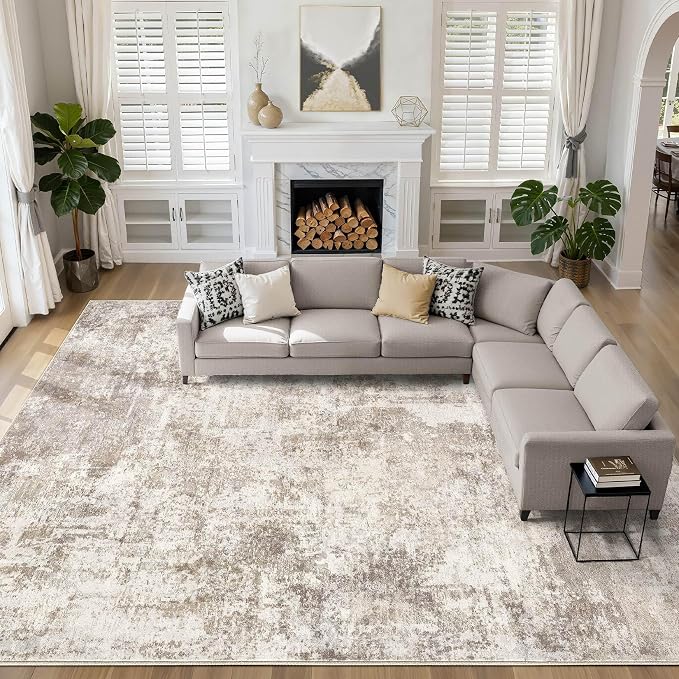 10x13 Area Rug Living Room: Washable Large Abstract Soft Rug Stain Resistant Indoor Floor Non-Slip Accent Carpet for Women Modern Home Enthusiasts Aged 25-45 - Bedroom Nursery Playroom- Beige Brown
