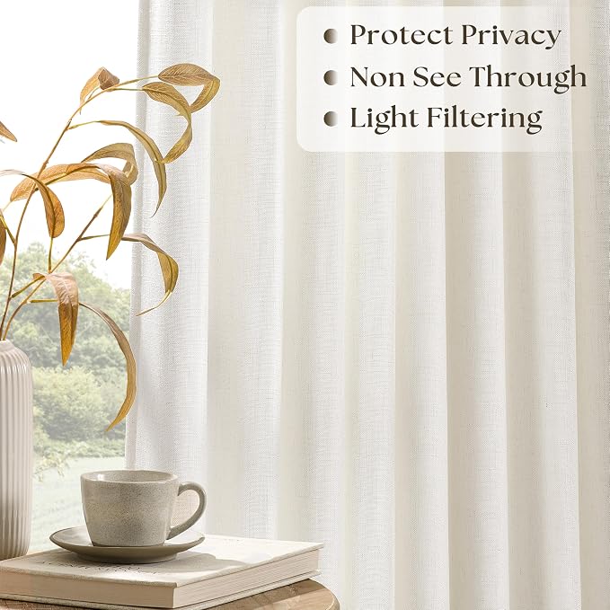 Natural Cream Pinch Pleated Linen Curtains 1 Panel for Living Room Bedroom Memory Training Shaped Semi Sheer Pleat Drapes with Hooks Rings Light Filtering Sliding Door Patio Window Curtain 60x108