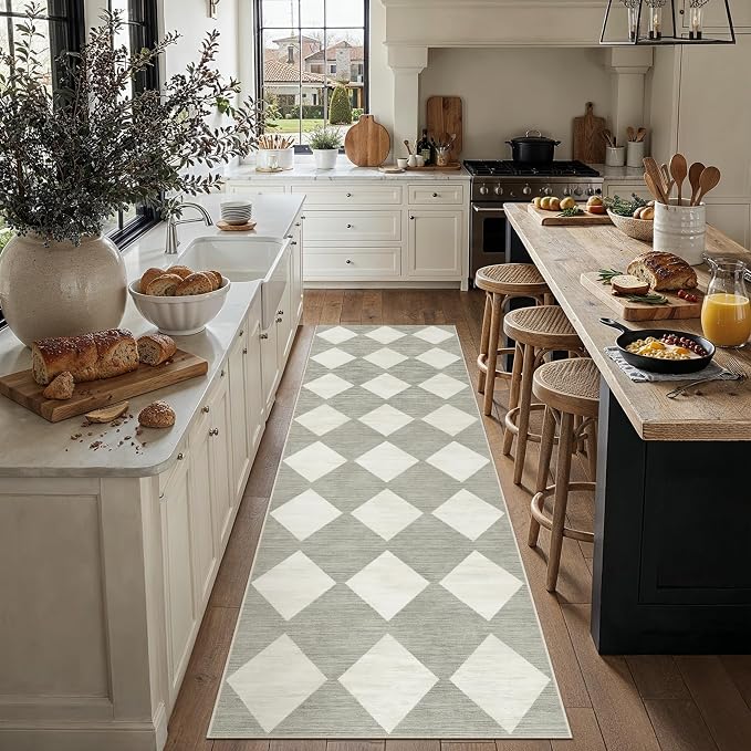 PureCozy 3x8 Runner Checkered Rug for Hallways Grey Washable Long Carpet Non-Slip Low Pile Boho Indoor Accent Throw Rug for Entrance Kitchen Bedroom Dining Laundry
