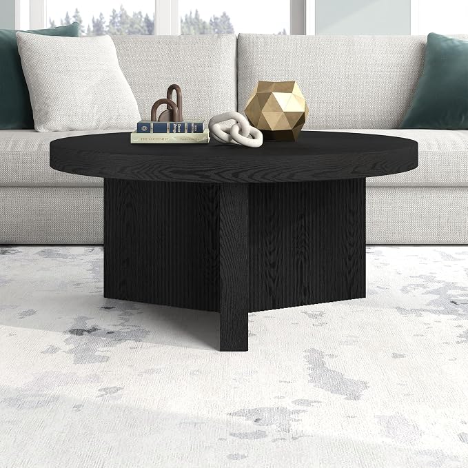 Henn&Hart 32" Fluted Round Low-Profile Coffee Table with Ribbed Pedestal Base for Living Room, Family Room, Office, or Apartment, Natural Black