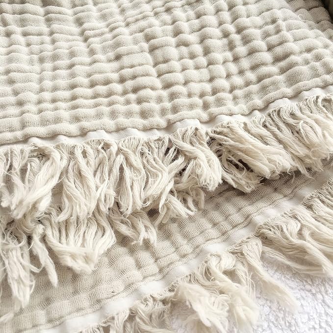 KyraHome 100% Organic Cotton Throw Muslin Blankets, 90"x90", Pre-Washed Plant Dyed, Breathable Lightweight Soft Gauze Summer Blankets for Adults, Bed, All Season, Oatmeal Khaki