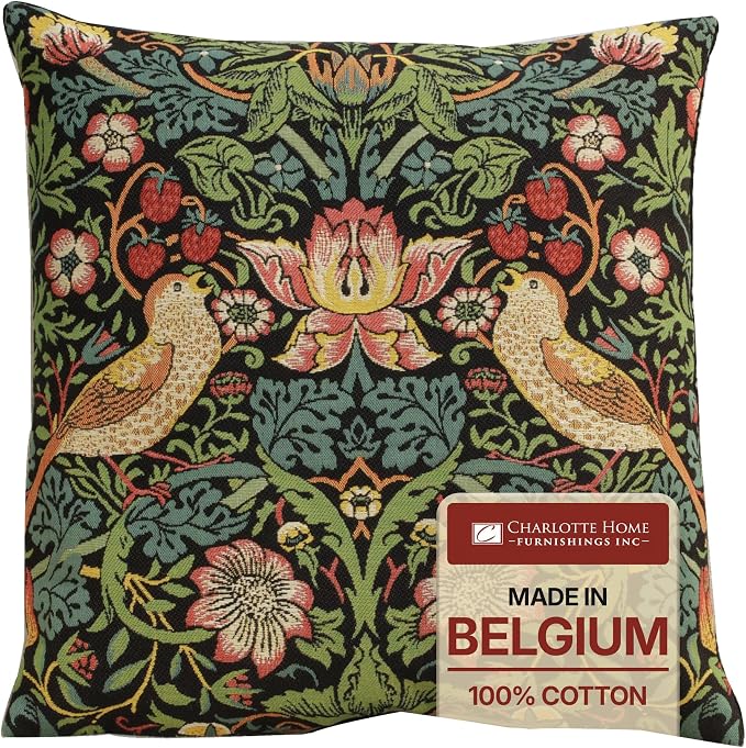 Charlotte Home Furnishings Inc Strawberry Thief Black Throw Pillow Covers 18x18, European 100% Cotton Jacquard Woven Fabric, Boho & Vintage Inspired Decorative Cushion for Living Room and Sofa