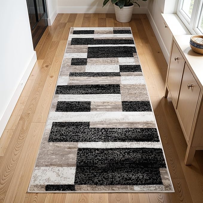 Superior Indoor Runner Rug, Jute Backing, Plush Modern Rugs for Entryway, Kitchen Floors, Office Floor Cover, Color Block Rugs, Rockwood Collection, 2' x 11', Ivory/Beige