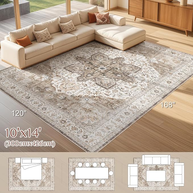Tortania Area Rug Living Room Rugs - 10x14 Washable Boho Rug Vintage Oriental Distressed Farmhouse Large Thin Indoor Carpet for Living Room Bedroom Under Dining Table Home Office - Brown