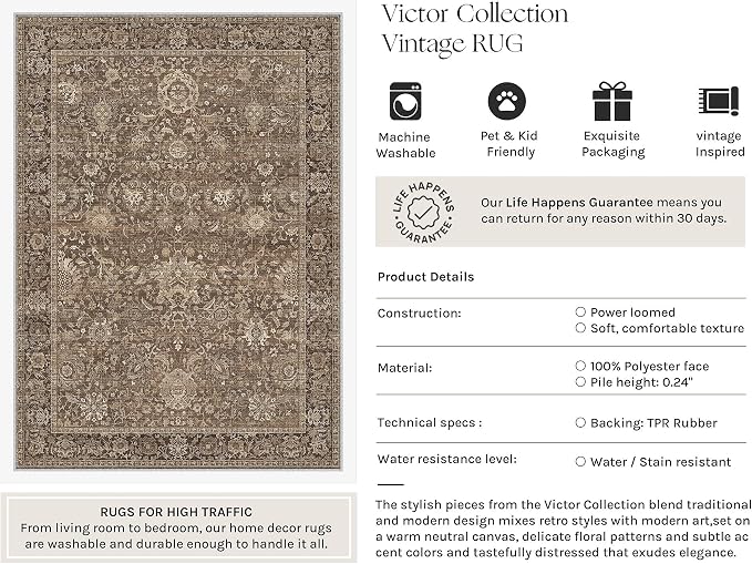 HUGEAR Hallway Runner Rugs 2x10 Brown Washable Rug Neutral Vintage Rug Carpet Distressed Soft Durable Non Slip No Shedding for Indoor Bedroom Kitchen Dining Nursery Laundry