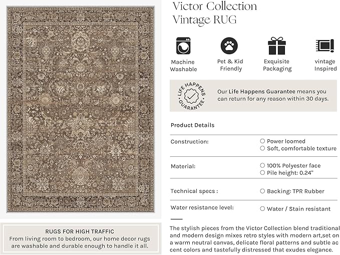 HUGEAR 4x4 Round Rugs Brown Washable Rug for Living Room Bedroom Large Neutral Vintage Rug Carpet Distressed Soft Durable Non Slip No Shedding for Indoor Dining Nursery Farmhouse