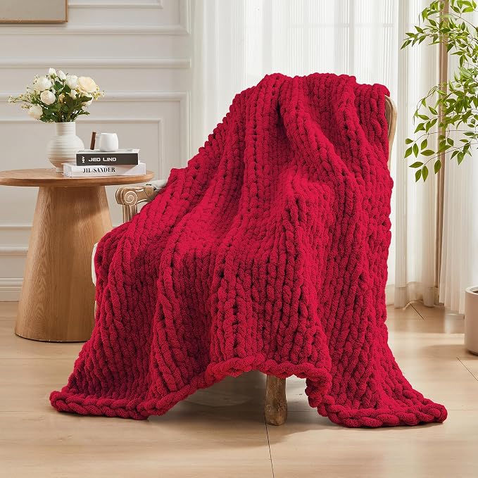 Carriediosa Chunky Knit Throw Blanket 60" X 80" Twin, 100% Hand Made Large Chenille Loop Yarn Soft Fluffy Throws for Couch Sofa Bed, Big Crochet Cozy Heavy Thick Cable Woven Blankets, Red