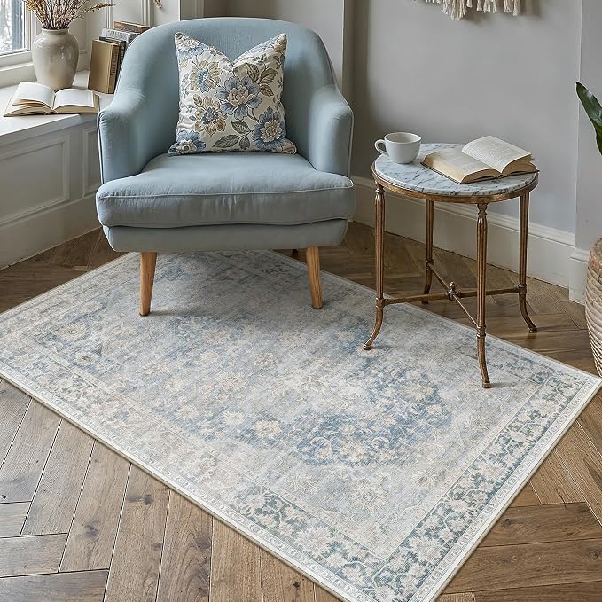 3x5 Washable Neutral Area Rug Blue Vintage Entryway Bathroom Carpet Non-Slip Soft Low Pile Oriental Throw Rug for Entrance Living Room Dining Room