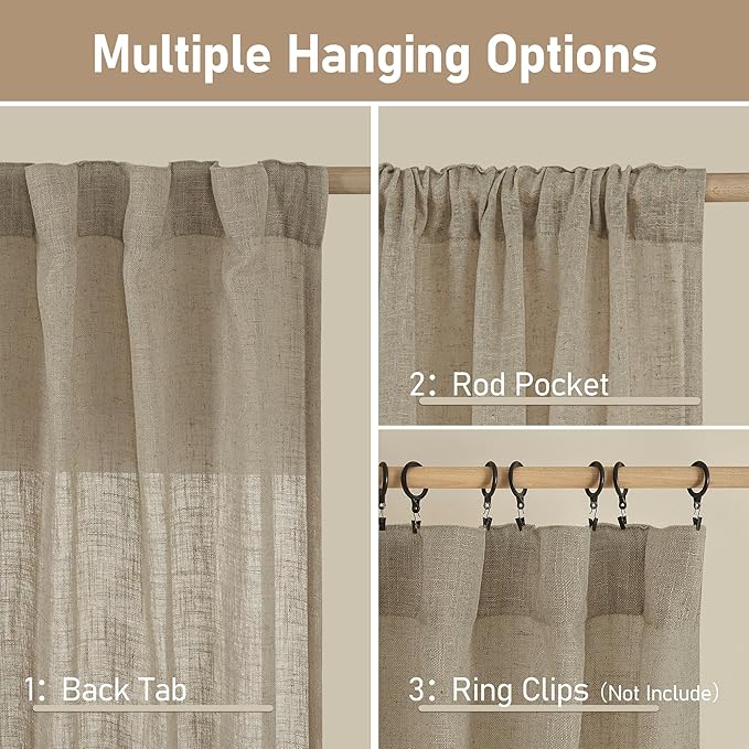 LAMIT Taupe Sheer Linen Curtains, 102 inch Light Filtering Semi Sheer Panels Back Tab and Rod Pocket Farmhouse Rust Drapes for Bedroom/Living Room, 2 Panels, 52 x 102 Inch