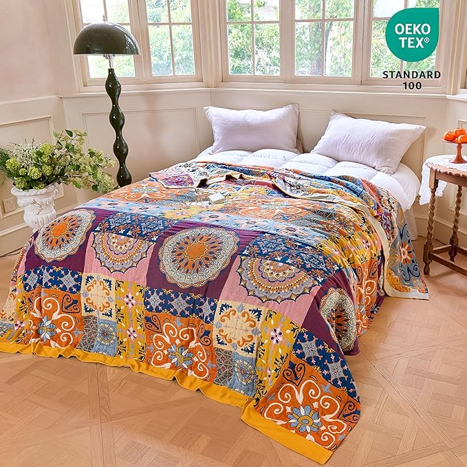 MSGKV Boho Throw Blanket for Bed 90"x90" 100% Cotton Blanket Summer Breathable Lightweight Queen Size Blankets Home Decor Muslin All Seasons