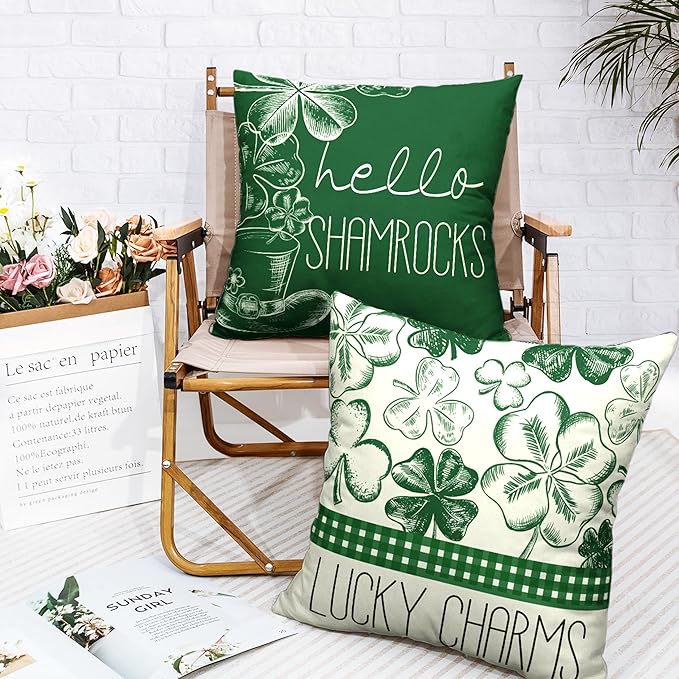 Hello Shamrocks Pillow Cases 16x16 Saint Patrick's Day Throw Pillowcase Green Shamrock Lucky Charm Pillow Protectors Clovers Hat Cushion Case for Sofa Couch Car Set of 2