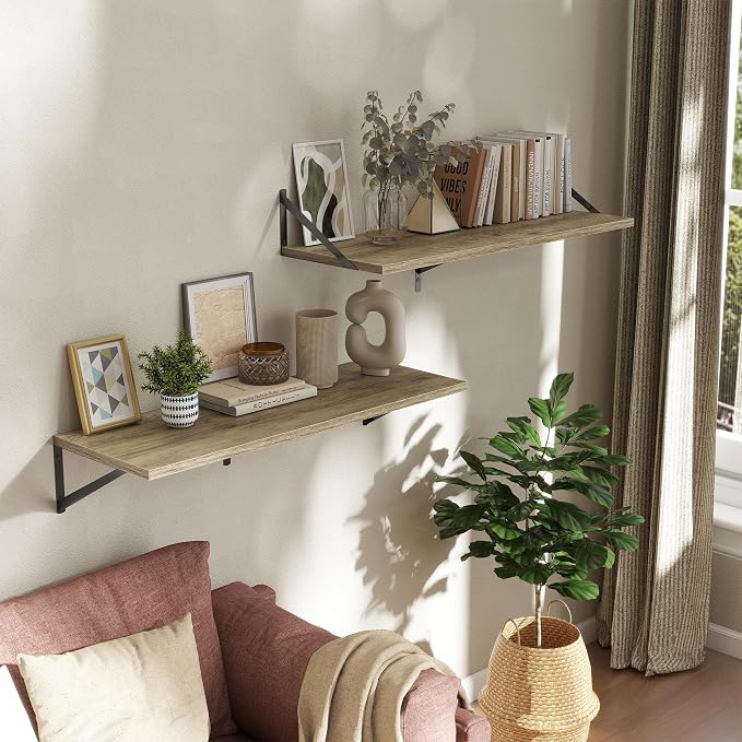 Acovy Deep Floating Shelves Wall Mounted, 36"x12" Gray Wall Shelves with Brackets Set of 2 for Bedroom, Living Room, Bathroom, Kitchen, Office - Storage & Display Shelf for Decor, Books, Plants
