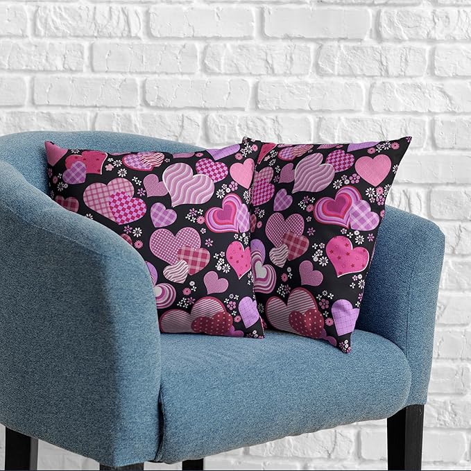 Pink Hearts Pillow Covers 18x18 Pack of 2 Pink Purple Hearts Flowers Throw Pillow Covers Pink and Black Cushion Case Cotton Linen Pillowcase for Couch Sofa Patio