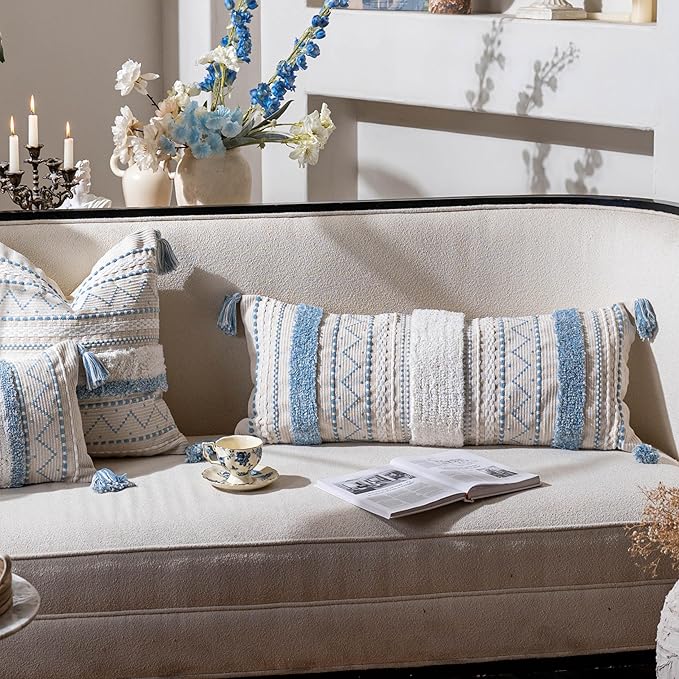 BlissBlush 14x36 Lumbar Pillow Cover for Bed, Rectangular Long Decorative Throw Pillowcase, Boho Accent Cushion with Blue Tufted Pattern and Tassels, Cream Neutral (Cover Only)