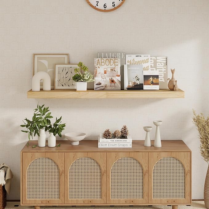 fuqing Natural Wood Floating Shelves - 48 Inch Wide x 9.3 Inch Deep x 1.6 Inch Thick Wood Wall Shelves Set of 1 - Natural Wooden Shelves for Room Decor & Storage