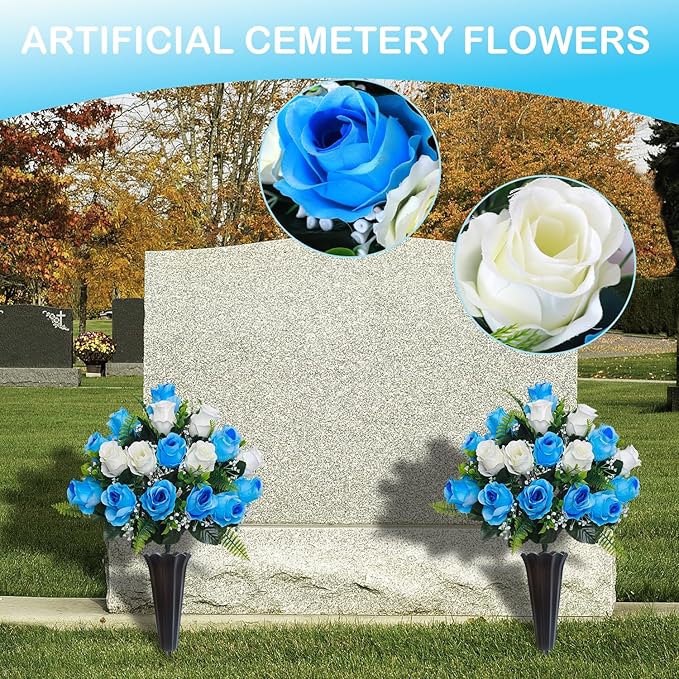 Lodou Set of 2 Artificial Cemetery Flowers, Memorial Flowers Bouquet,Grave Memorial Flowers with Vase for Cemetery Headstones Decoration (Blue White)
