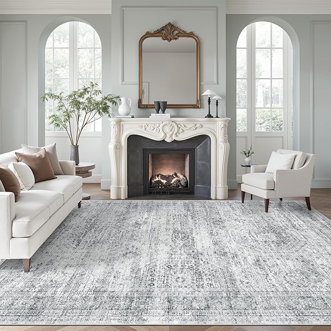 Soalmost Washable Area Rug 8x12, Large Soft Rugs for Living Room Vintage Grey Carpet 8x12 Area Rugs for Bedroom Dining Room Non-Slip Stain Resistant Under Table Rug